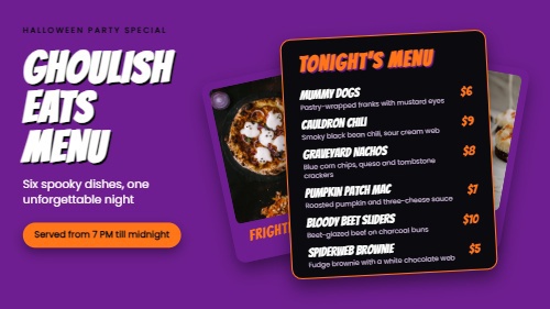 Party Menu digital signage template using Menus